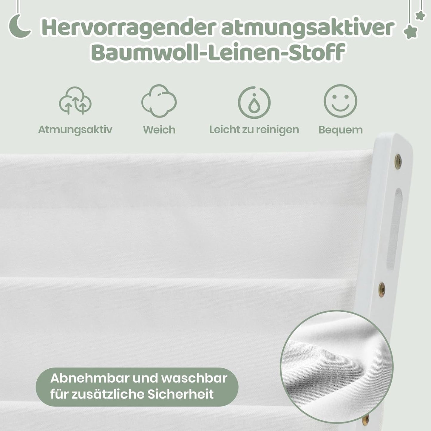 Kinder-Bücherregal aus Holz mit 6 Stofffächern, Weiss Medium