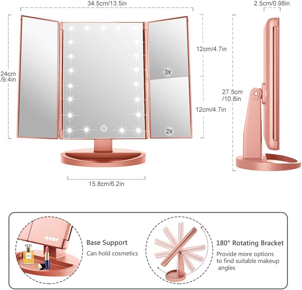 Dreifach gefalteter Kosmetikspiegel mit LED & Vergrösserung, Rosengold