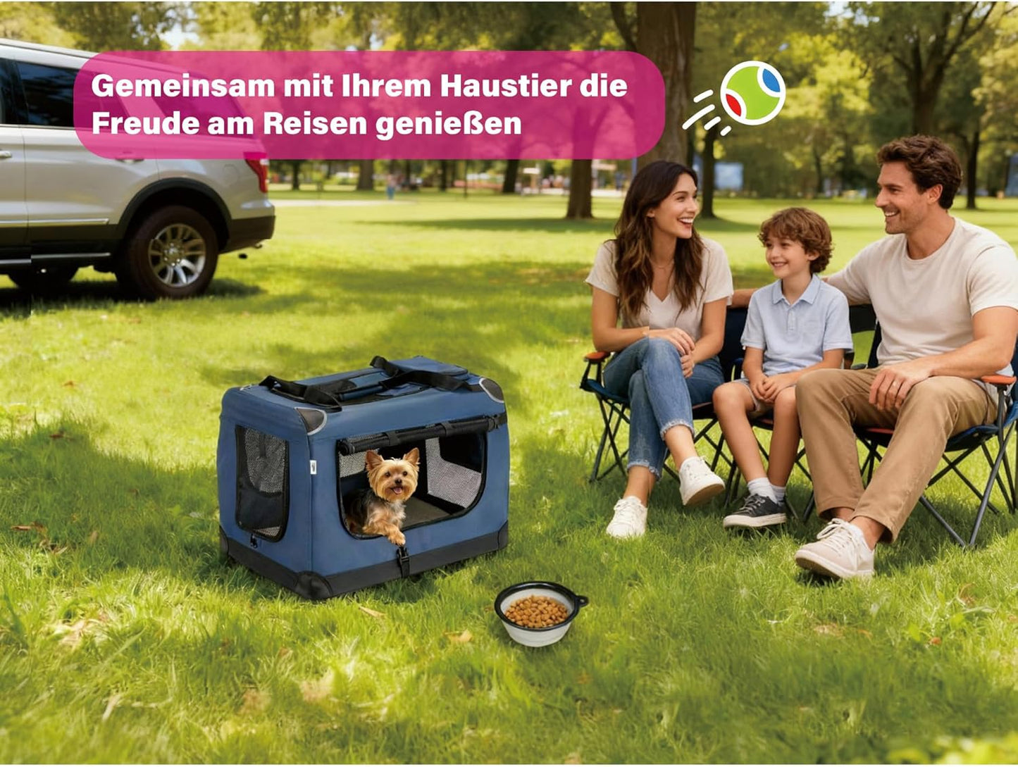 Faltbare Hundetransportbox mit Napf und Kotbeutel, XL Dunkelblau