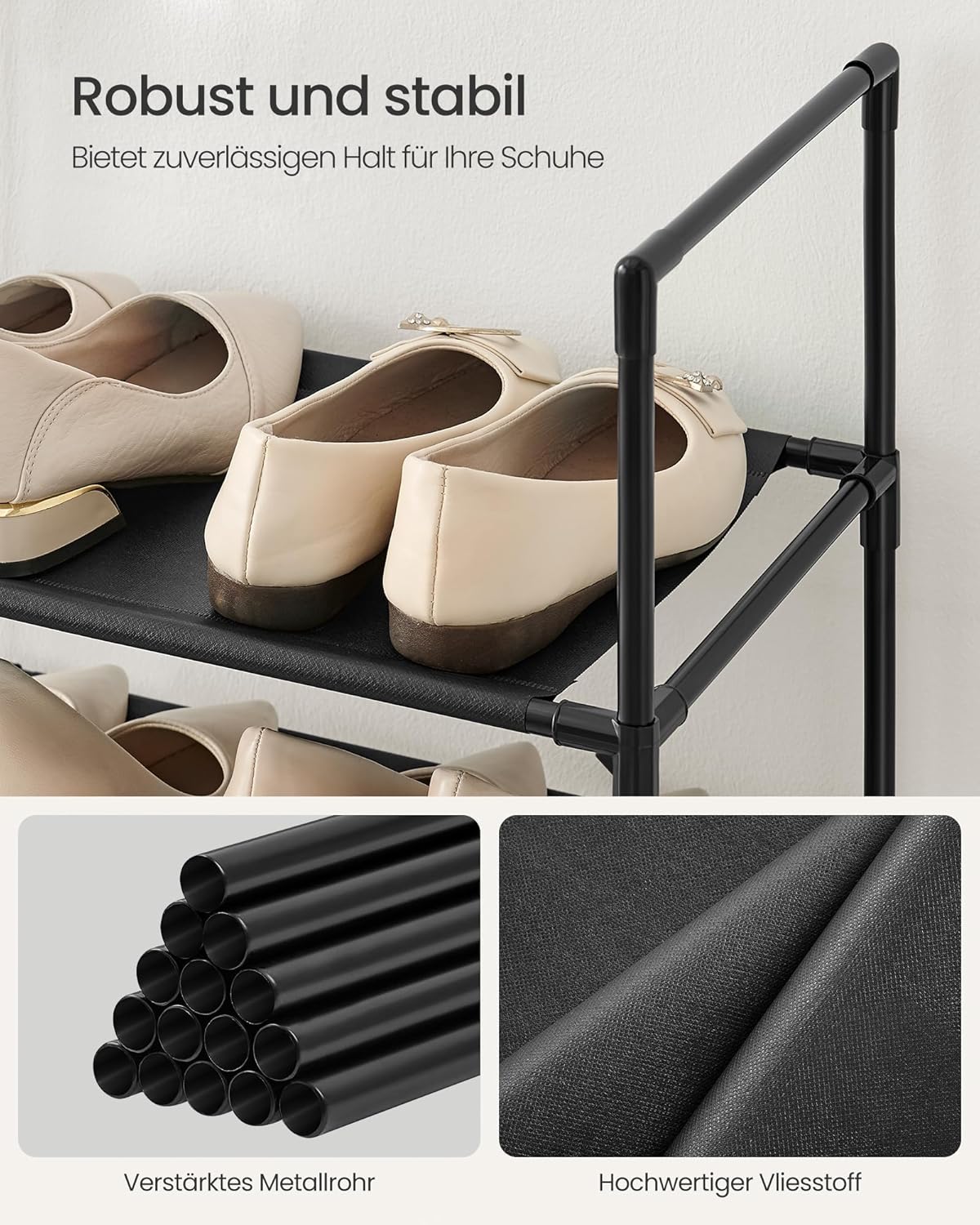 Schuhregal mit 10 Ebenen, schmale Aufbewahrungslösung, Schwarz 10 Ebenen (83B cm)