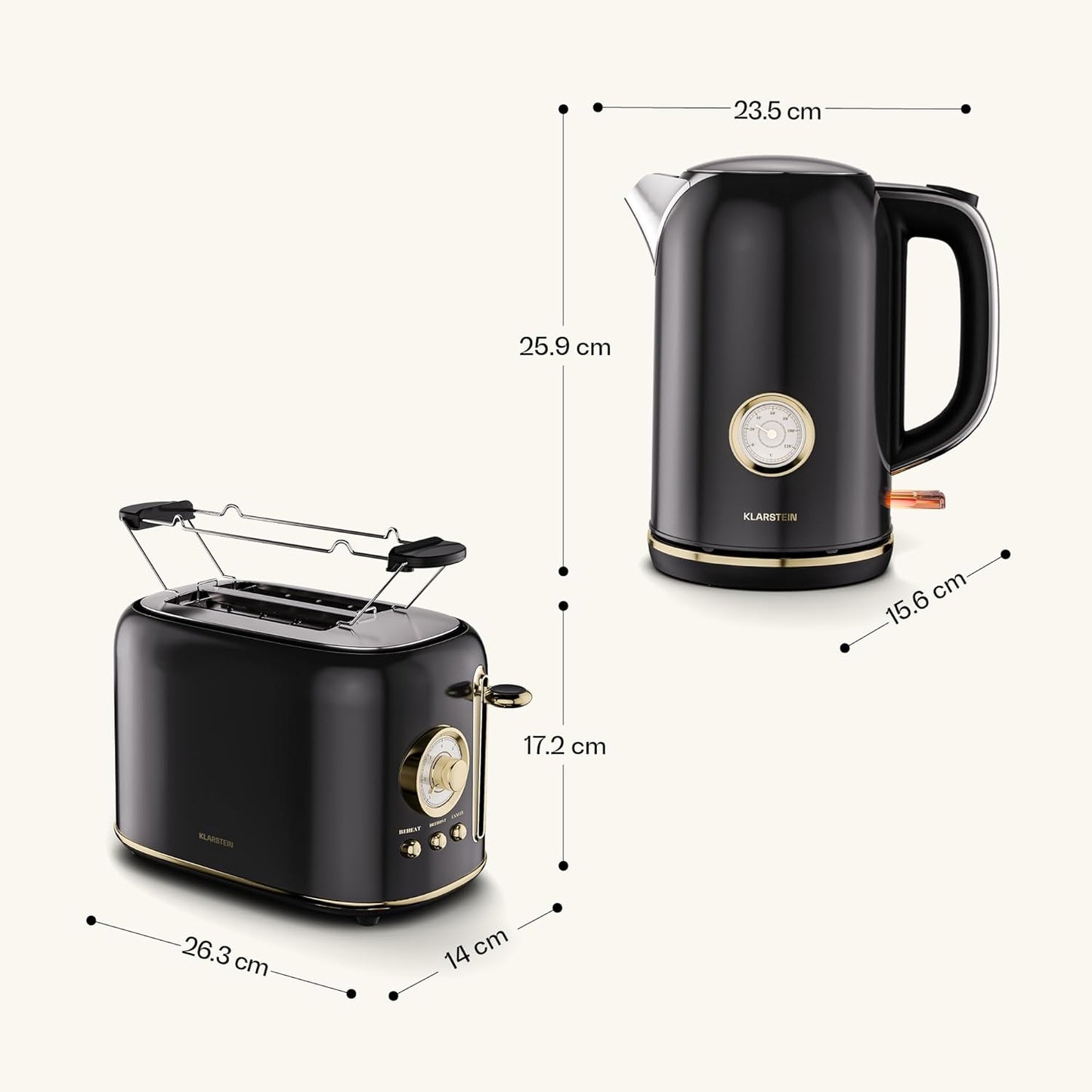 Retro Frühstücksset: Toaster & Wasserkocher-Set, Schwarz Toaster + Wasserkocher