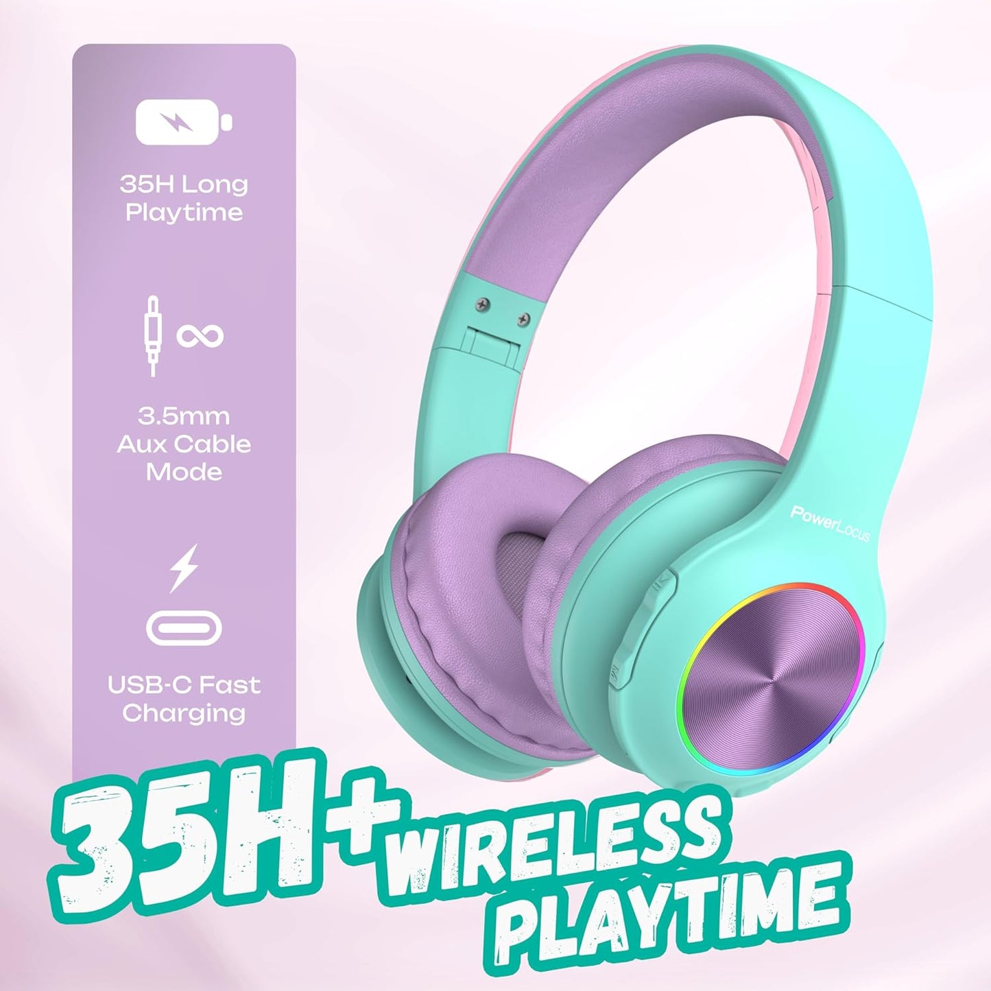 Bluetooth Kinderkopfhörer mit LED, Teal/Purple