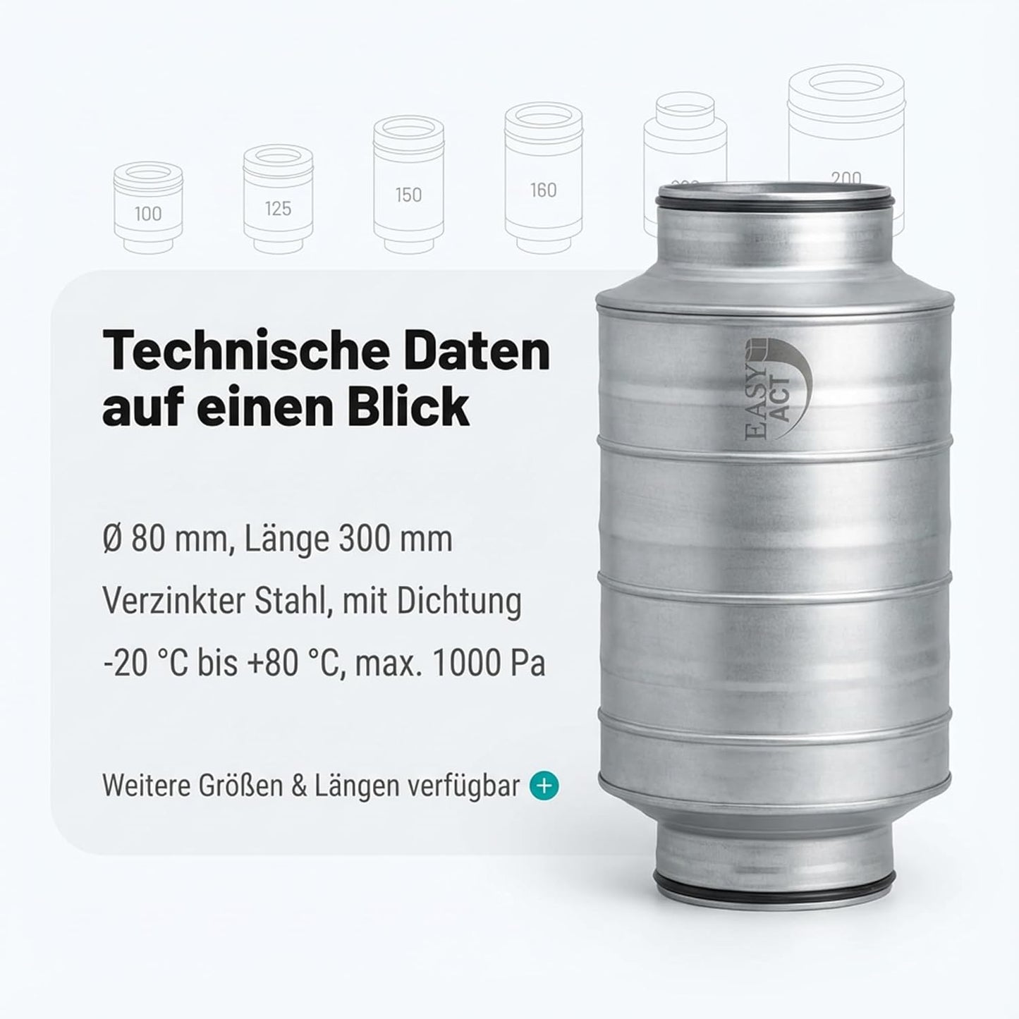Rohrschalldämpfer aus Stahl für Lüftungssysteme 150 mm, 150 mm / 30 cm