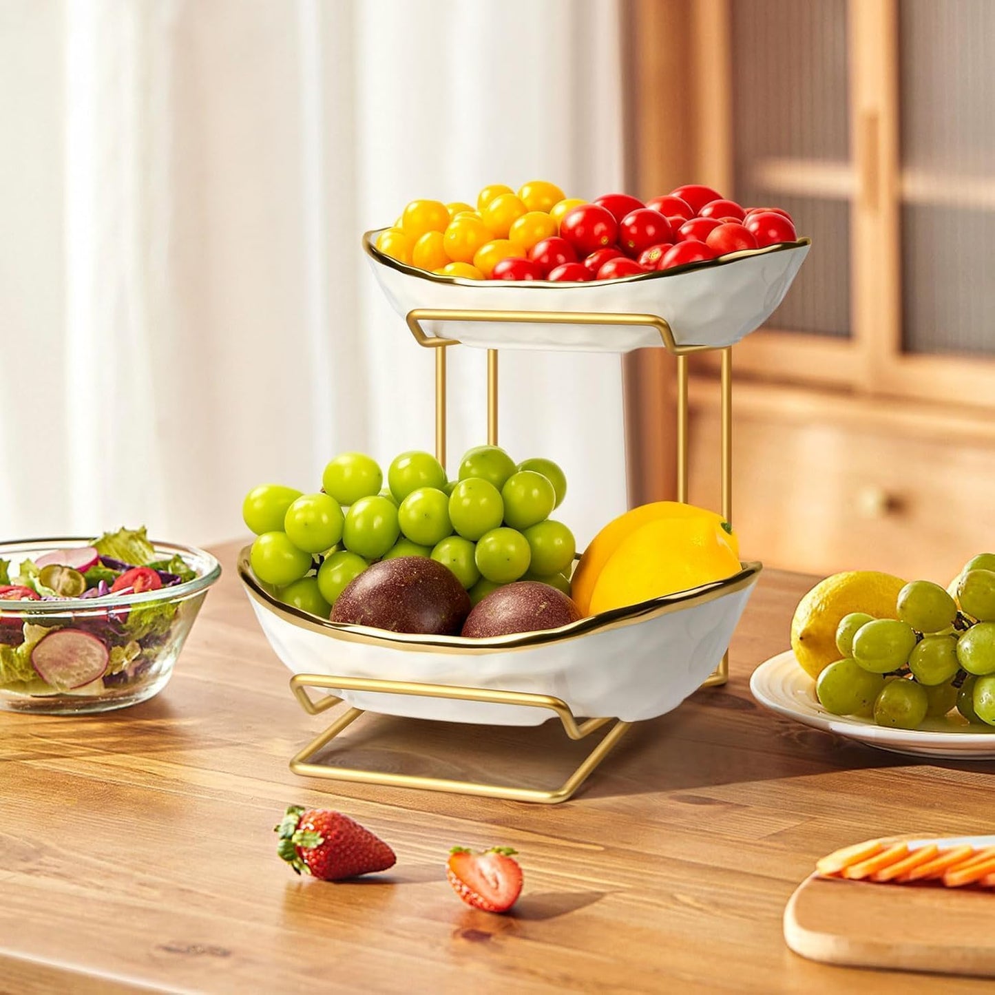 2-stöckige Keramik Obst Etagere mit Metallständer, Gold-weiss-2schale