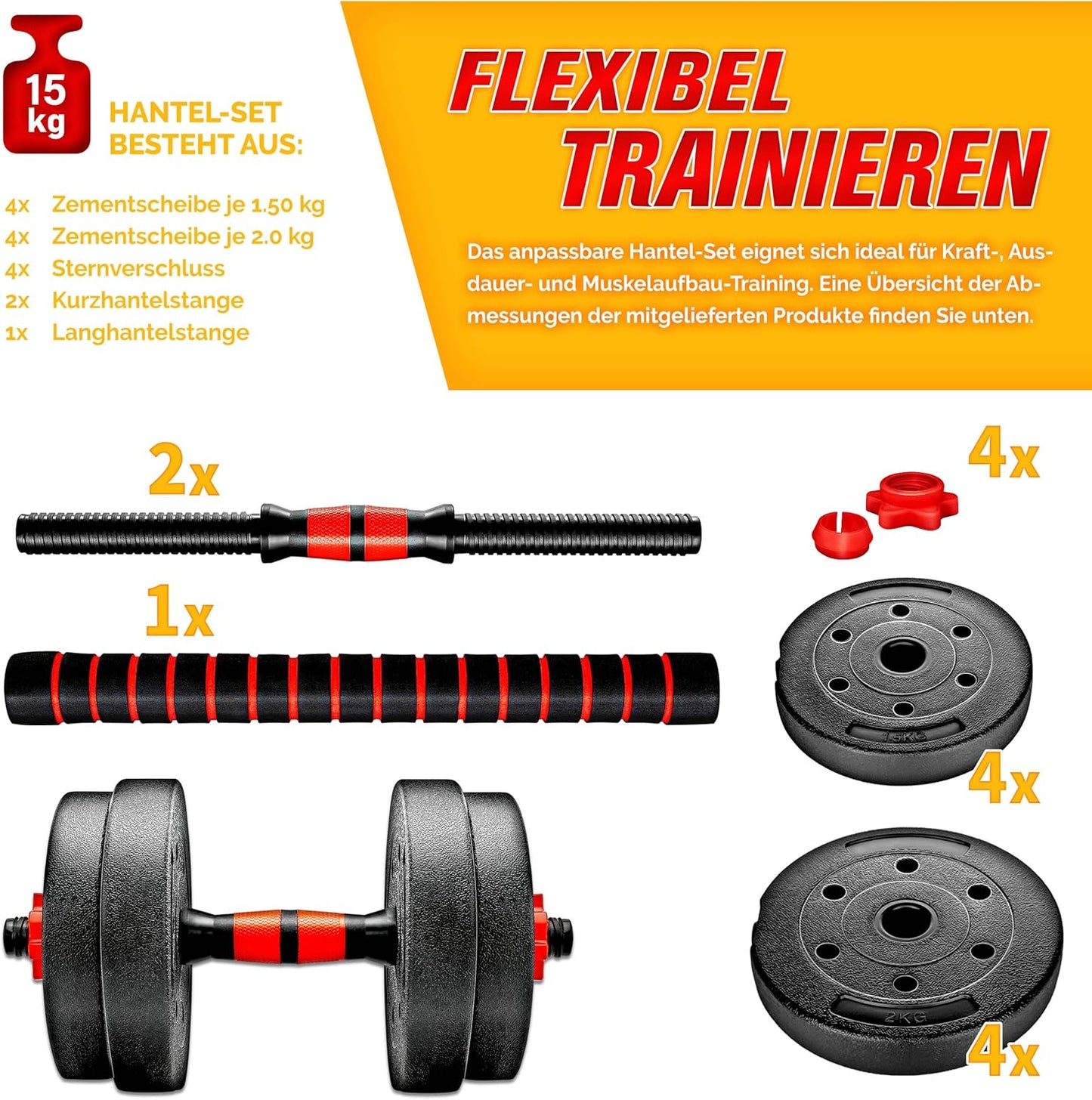 2-in-1 Hantelset verstellbar, 15 kg