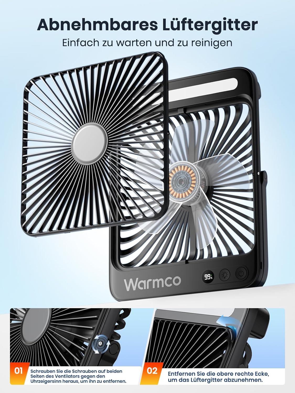 Tragbarer Campingventilator mit LED-Licht, Schwarz
