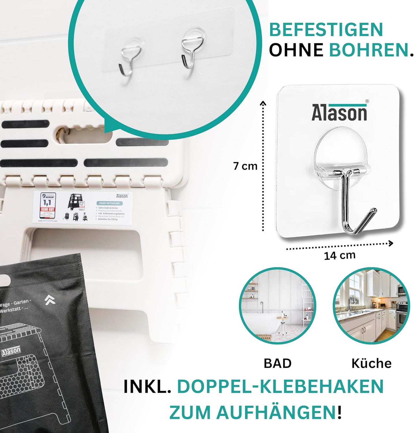 Klappbarer Tritthocker mit Aufhängehaken & Aufbewahrungstasche, Weiss/Beige 22cm Hoch