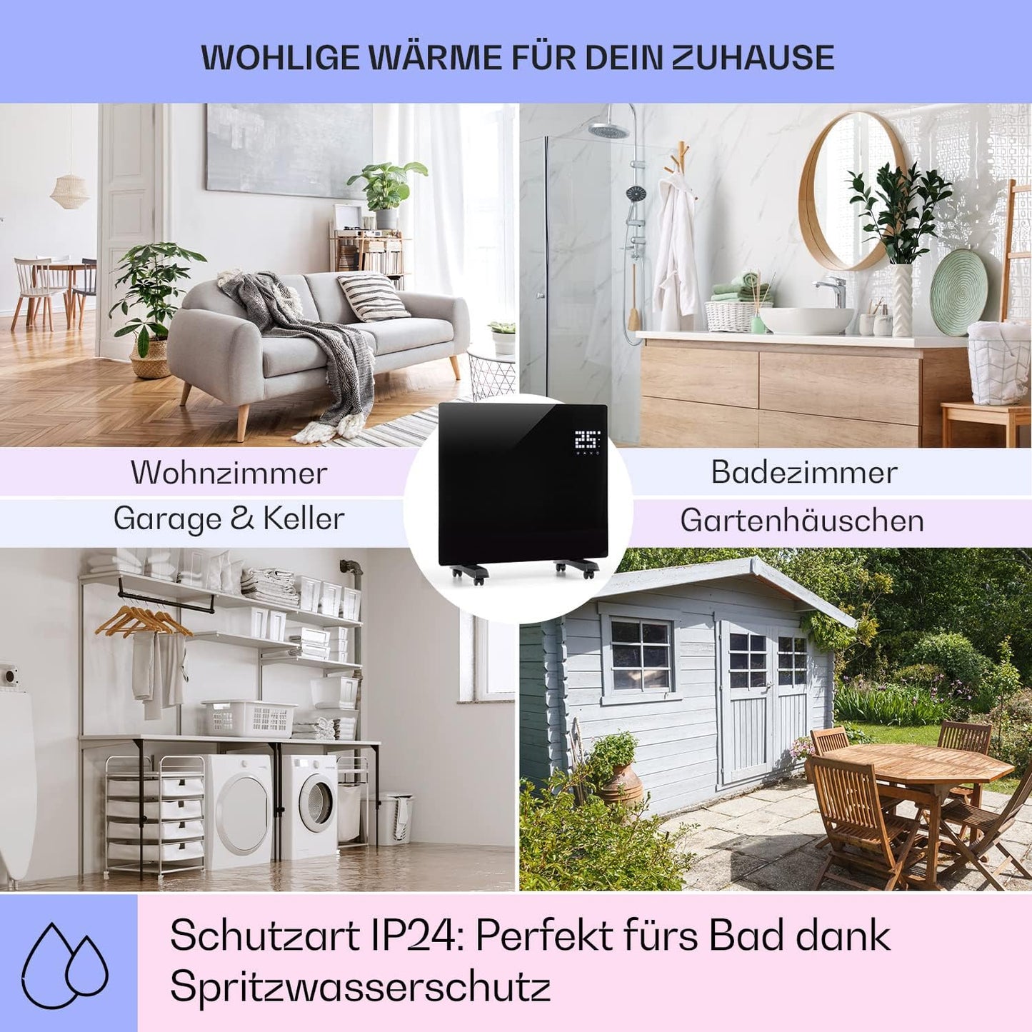 Elektroheizung mit Bodenrollen, Schwarz ; Bornholm Single