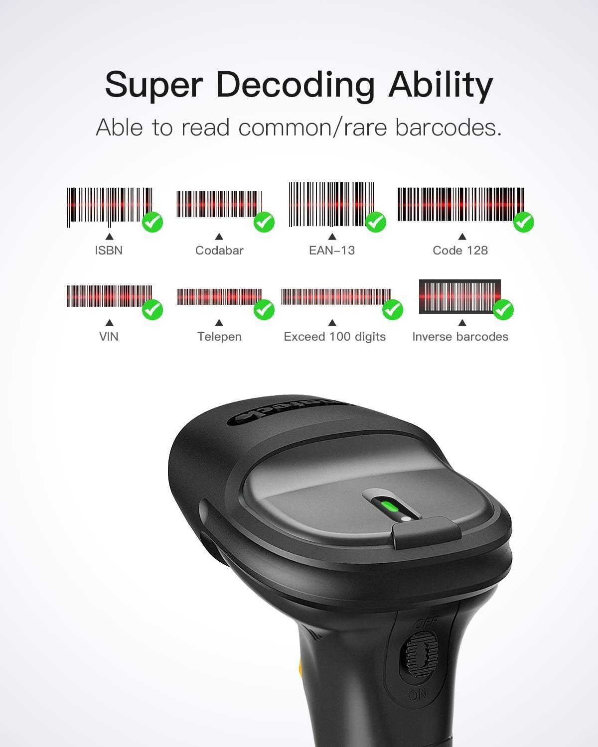 Pro 7 Bluetooth Barcode Scanner mit 100m Reichweite, Dunkelgrau 1D CCD