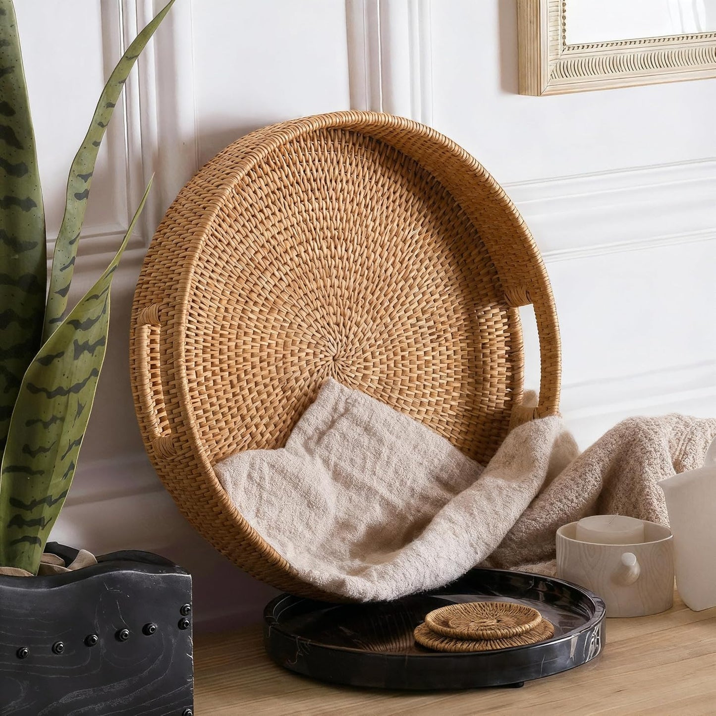 Rundes Rattan-Serviertablett, Natürlicher Honig 34 cm