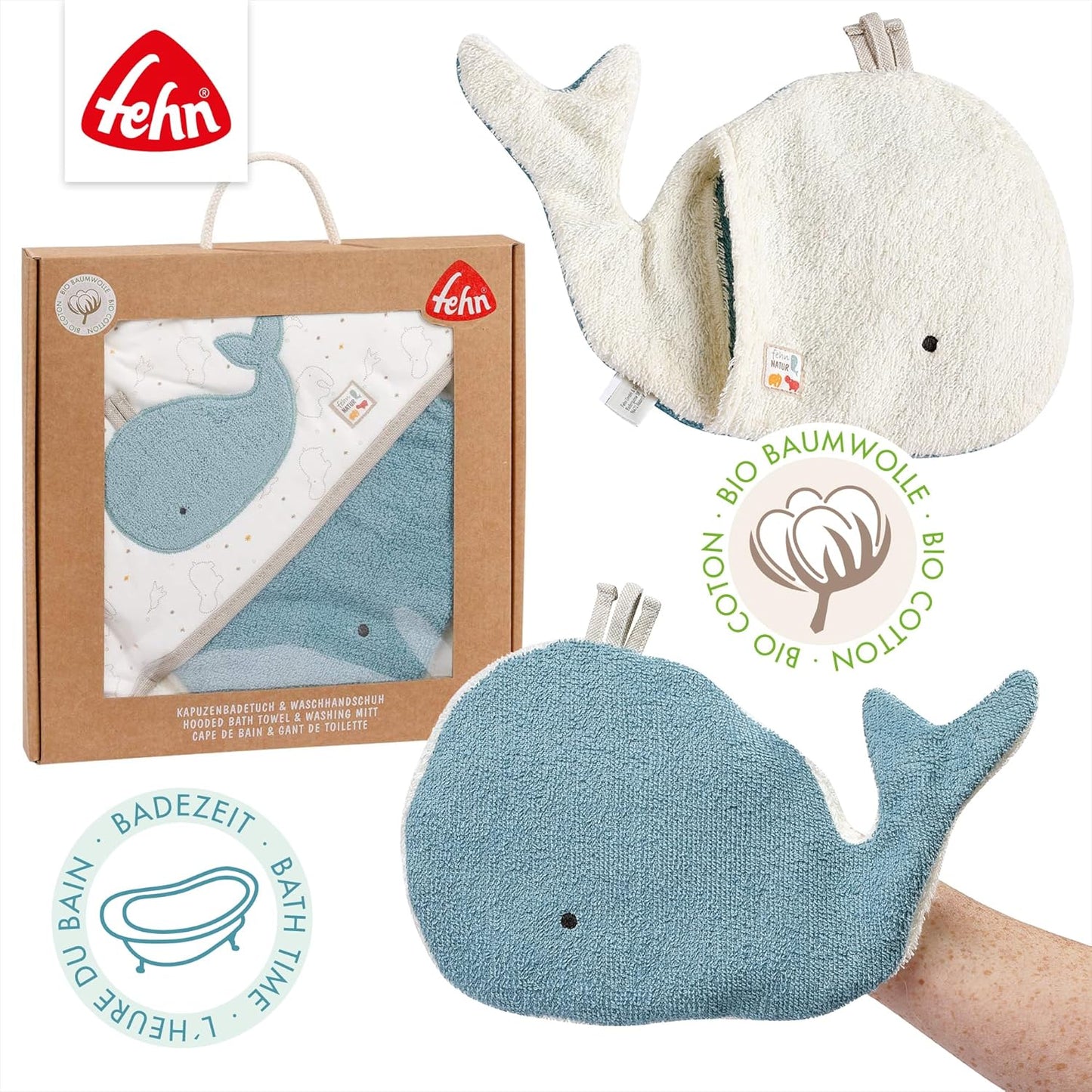 Baby-Badetuch & Waschhandschuh-Set Wal, Bade-Set Wal NATUR