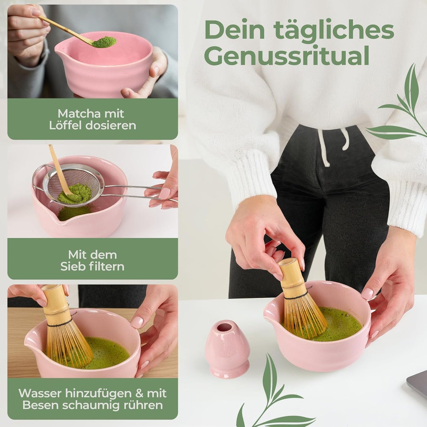 Matcha Tee-Set mit Besen und Schale, 5-teilig, Rosa