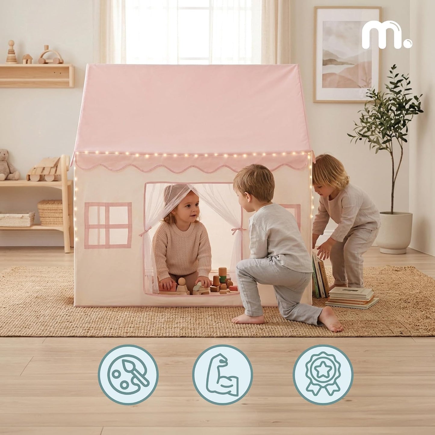 Spielzelt MAM251 Tipi House mit LED-Beleuchtung und Fenstern, Pink, Beige/Pink, Beige Abenteuer 95 × 125 × 130 cm