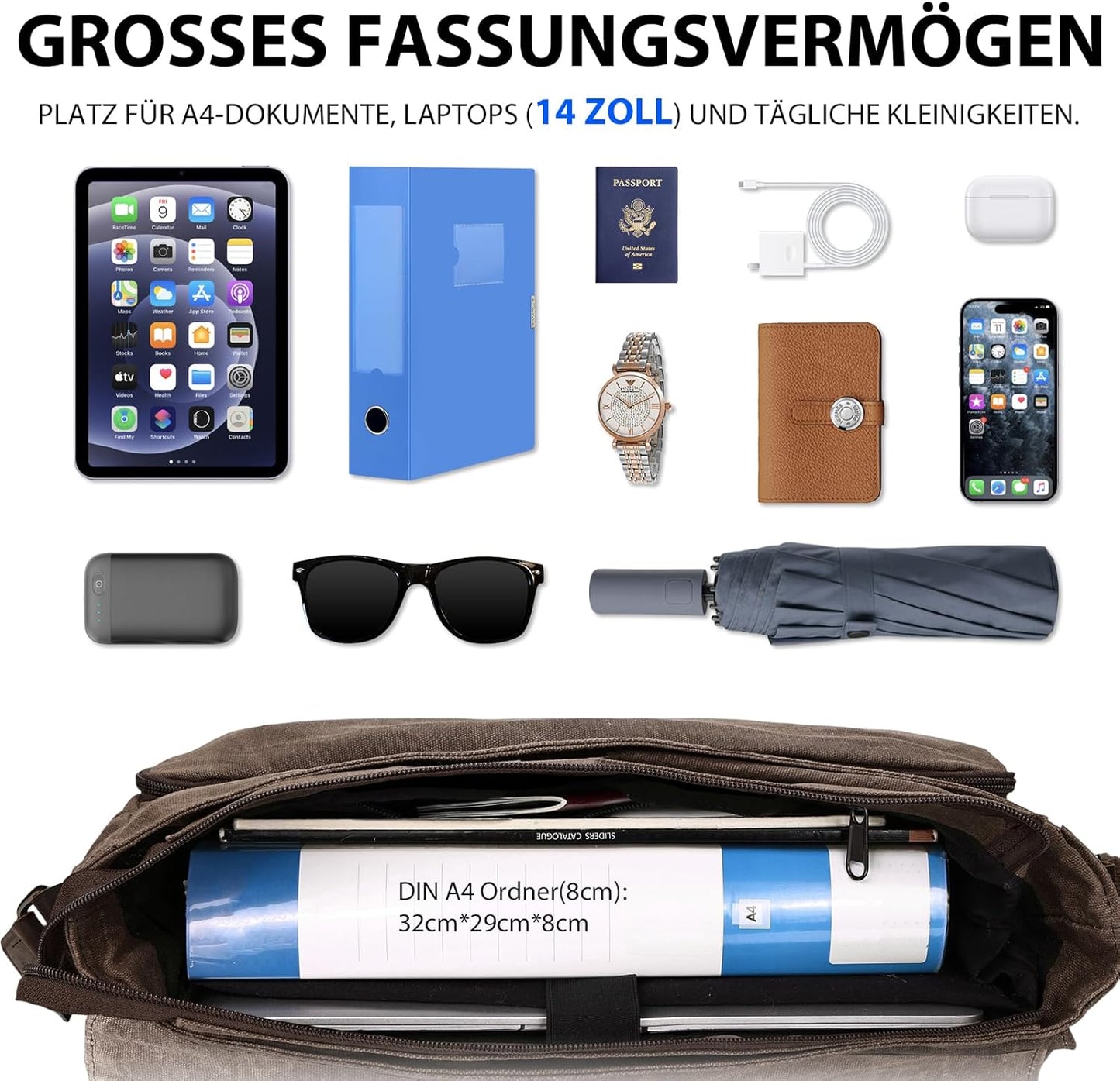 Umhängetasche, 14 Zoll Braun