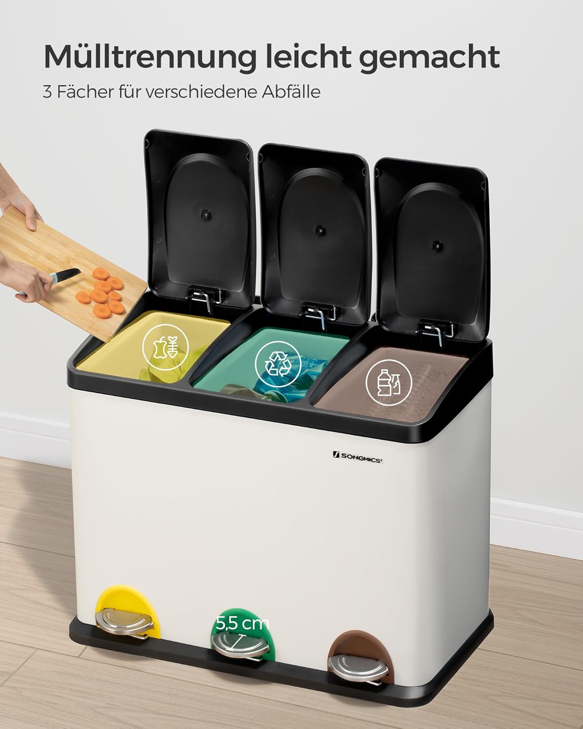 3 Fächer Mülltrennsystem Treteimer LTB45W, Wolkenweiss + Tintenschwarz