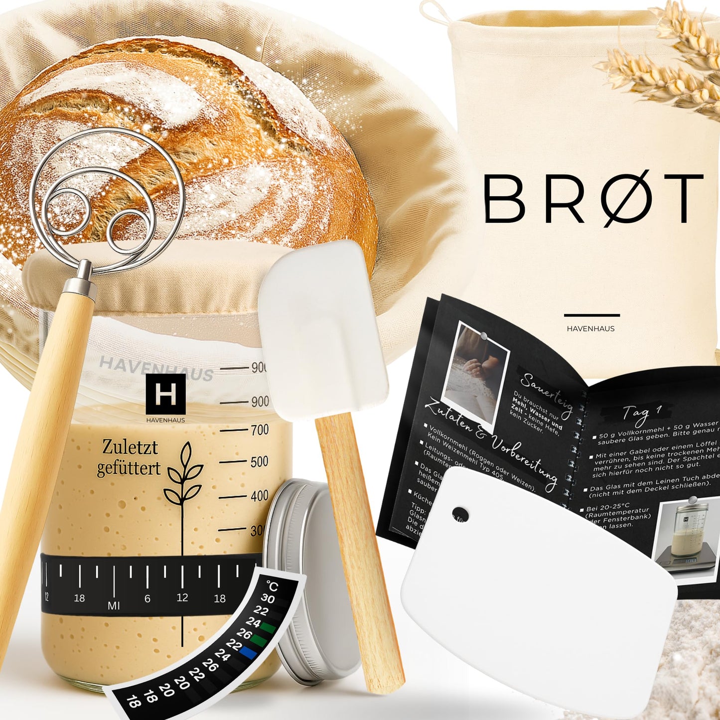 Sauerteig Starter Set mit Gärkörbchen, Brotbackset Rund