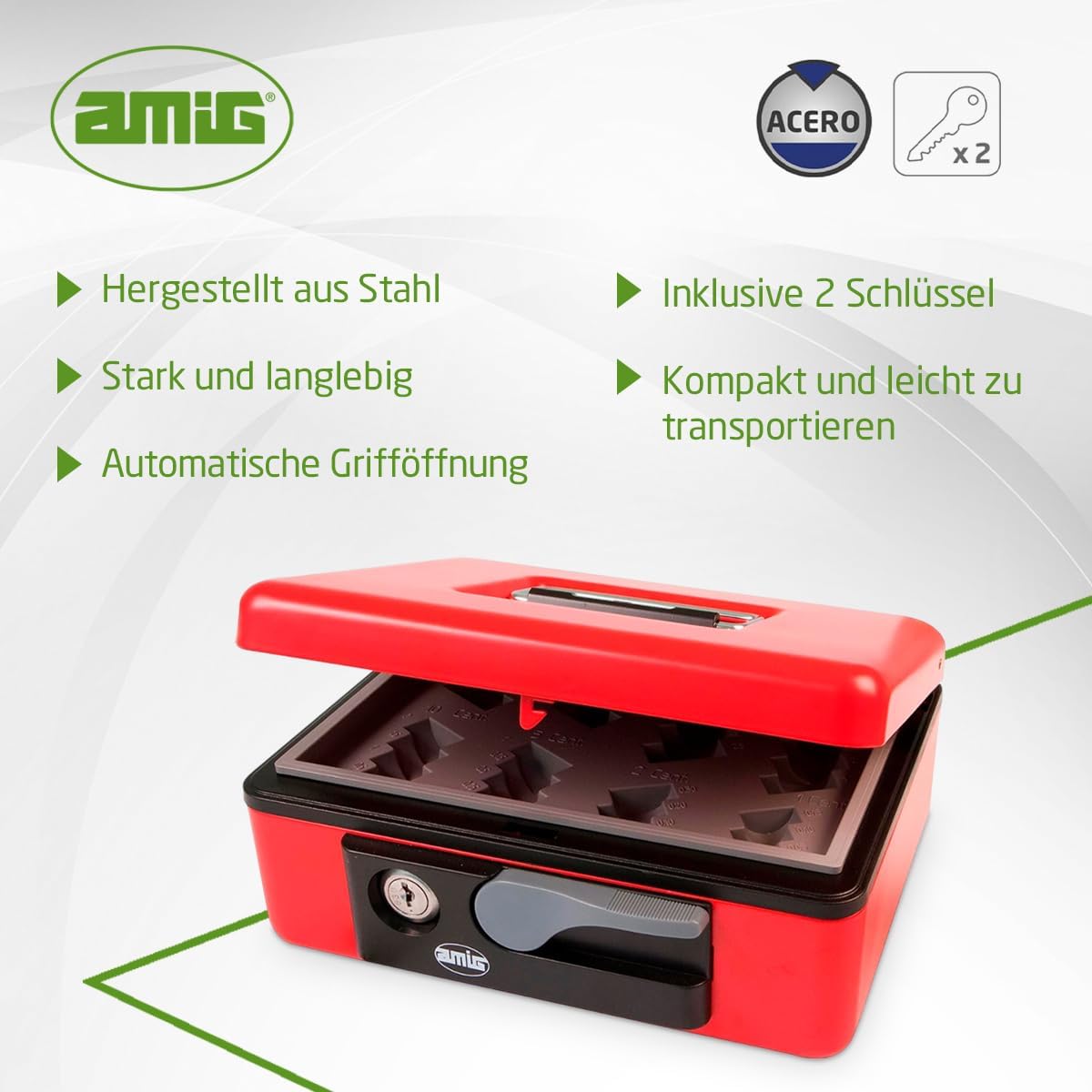 Sicherheits-Geldkassette mit Münzschale und Schlüssel, Rot 197 x 154 x 80 mm