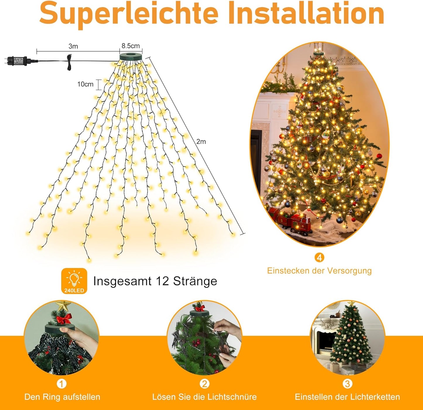 Weihnachtsbaum Lichterkette 240 LED mit Timer, 2m
