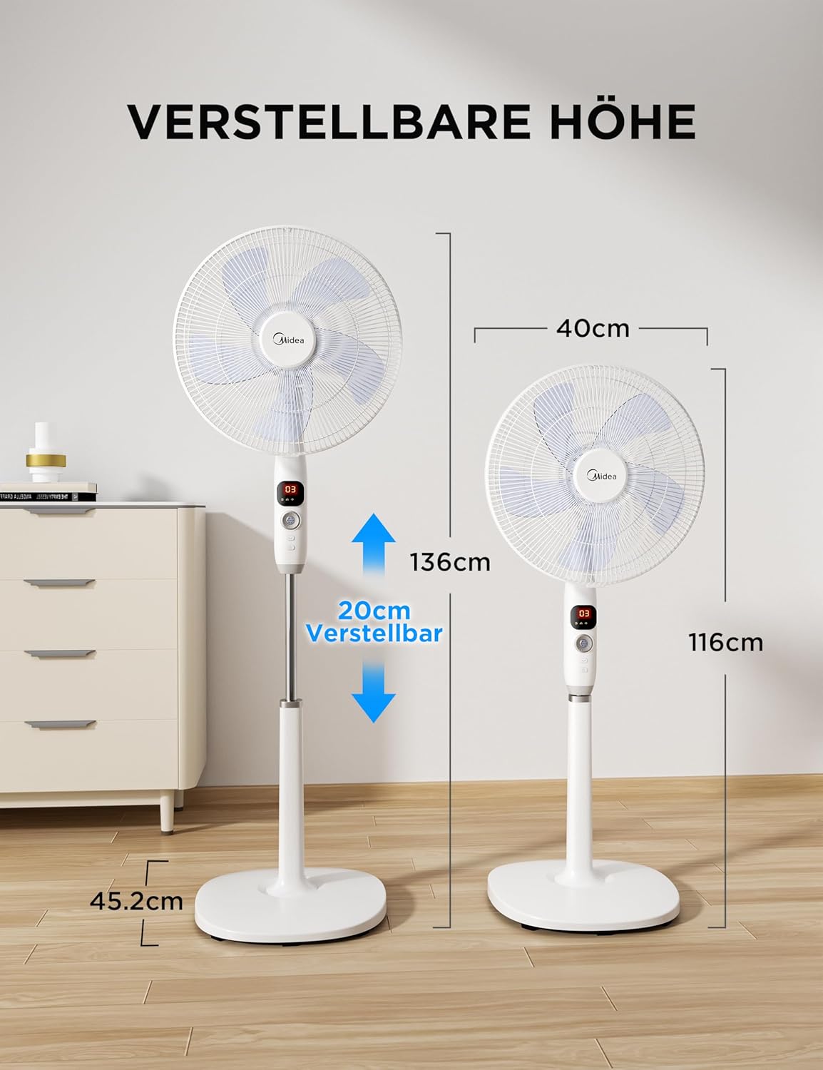 Leiser Standventilator FS40-16CR, 5 Flügelblätter, LED-Anzeige