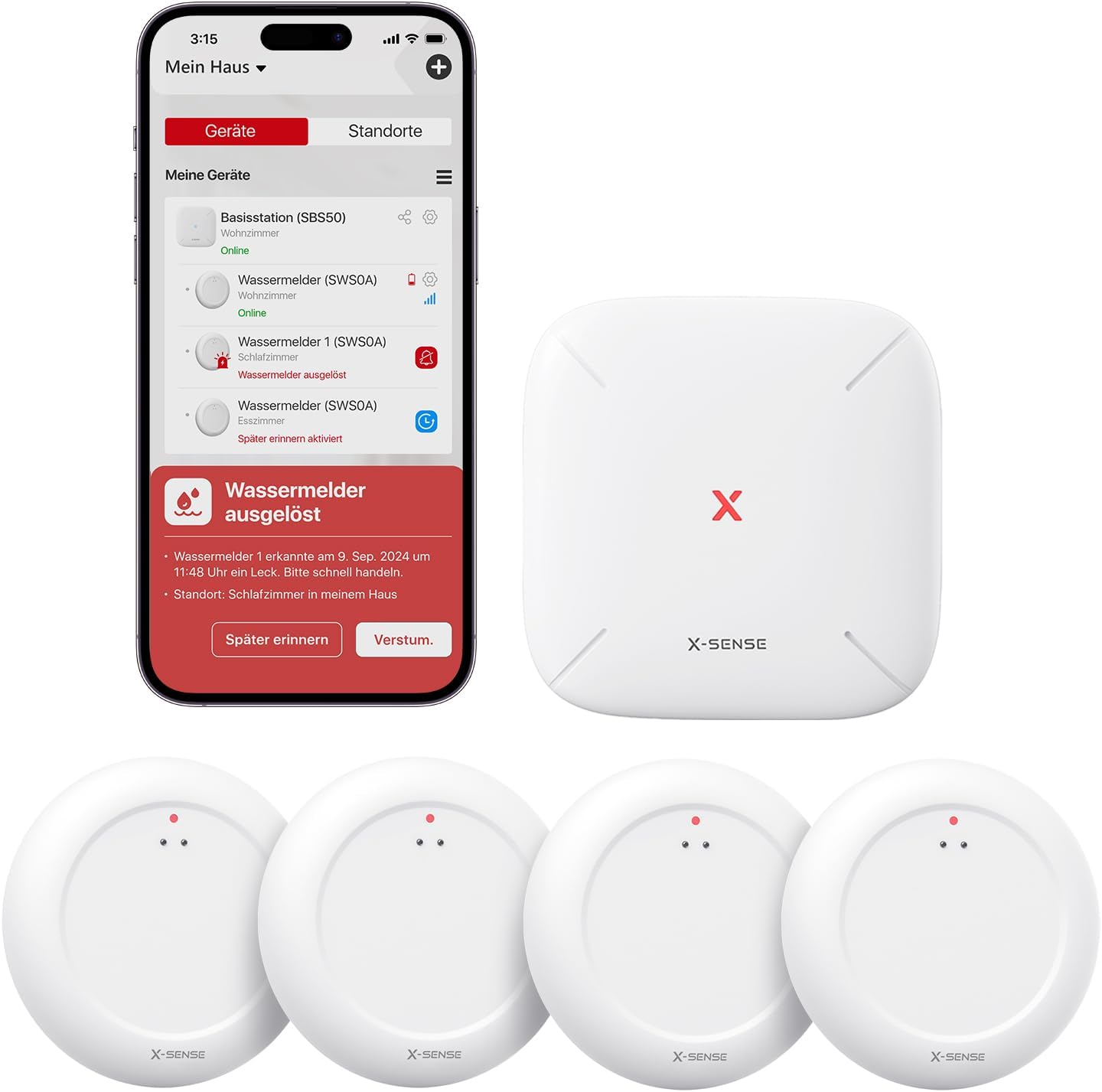 WLAN Wassermelder-Set mit Basisstation, 4x Wassermelder + Sbs50 Basisstation