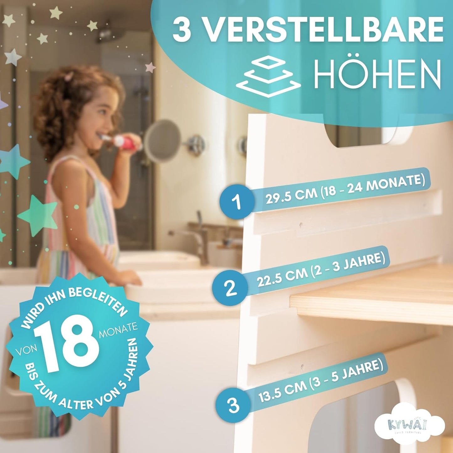 Höhenverstellbarer Lernturm mit Sicherheitsbarriere und Antirutschstreifen, Weiss