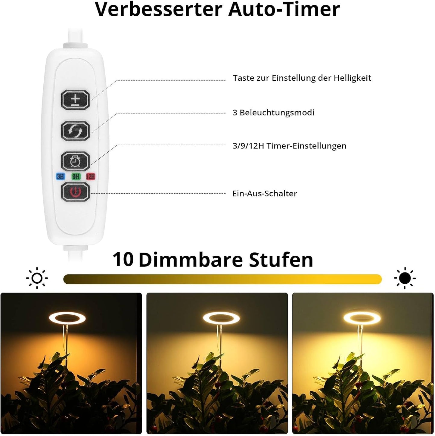 LED Pflanzenlampe Vollspektrum mit Timer und Dimmfunktion, Kleine Halo Pflanzenlampe 1 Packung