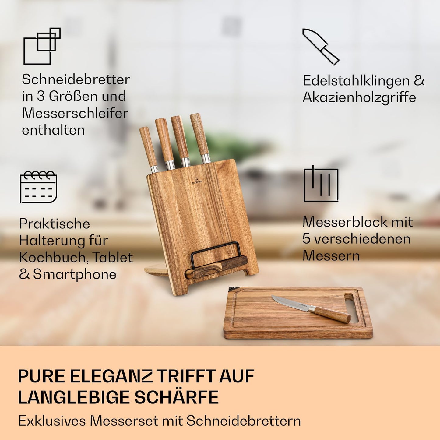 5-teiliges Küchenmesser-Set mit Messerblock und Schneidebretter