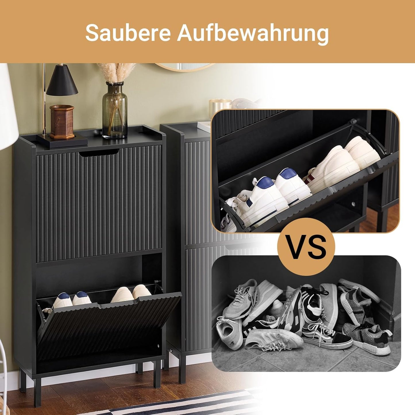 Schmaler Schuhkipper mit 2 Klappen (50x90x19cm), 50cm (W) x 19cm (D) x 90cm (H) Schwarz