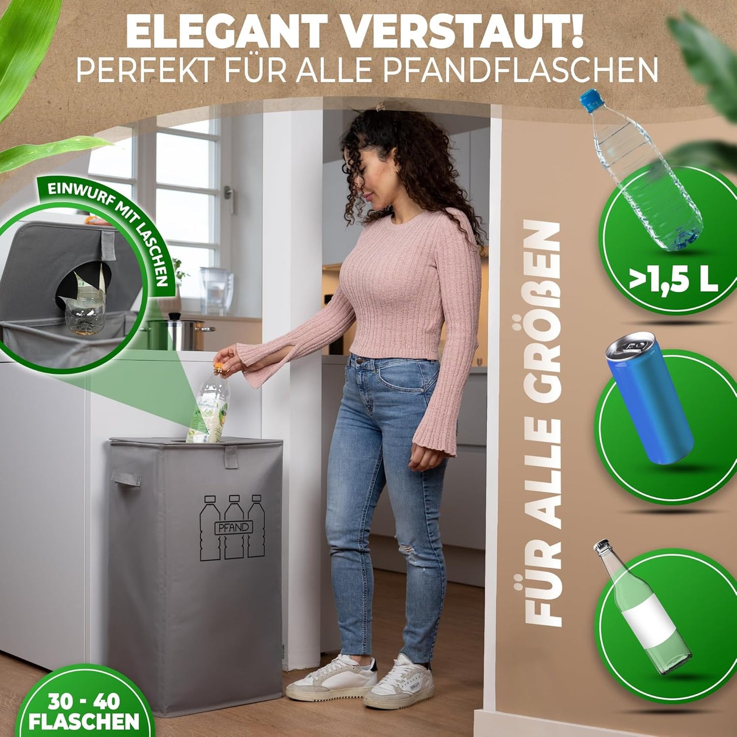 Pfandflaschen Sammelbehälter mit Tragetasche, Grau