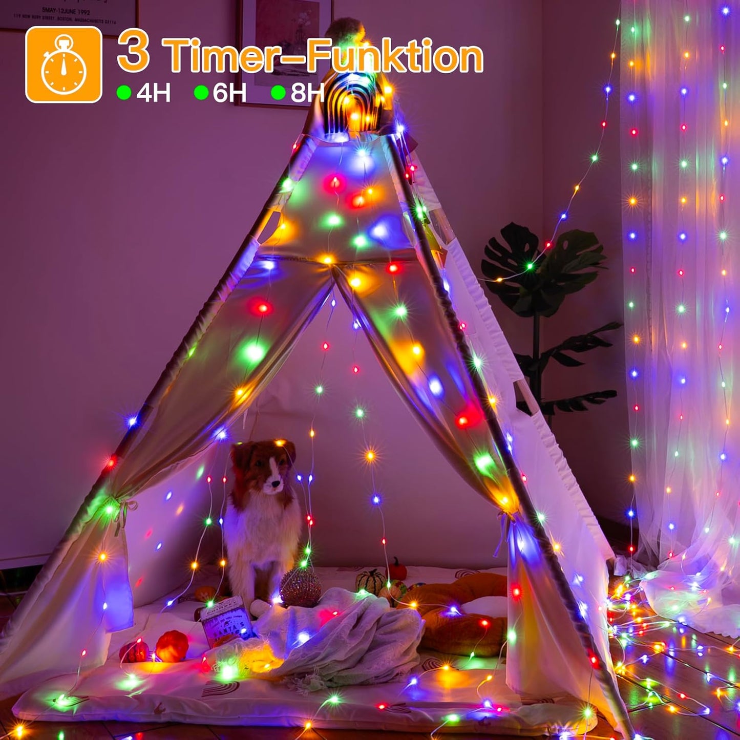 Camping Lichterkette 10M mit 9 Modi und Timer, 10M Warmweiss+bunt