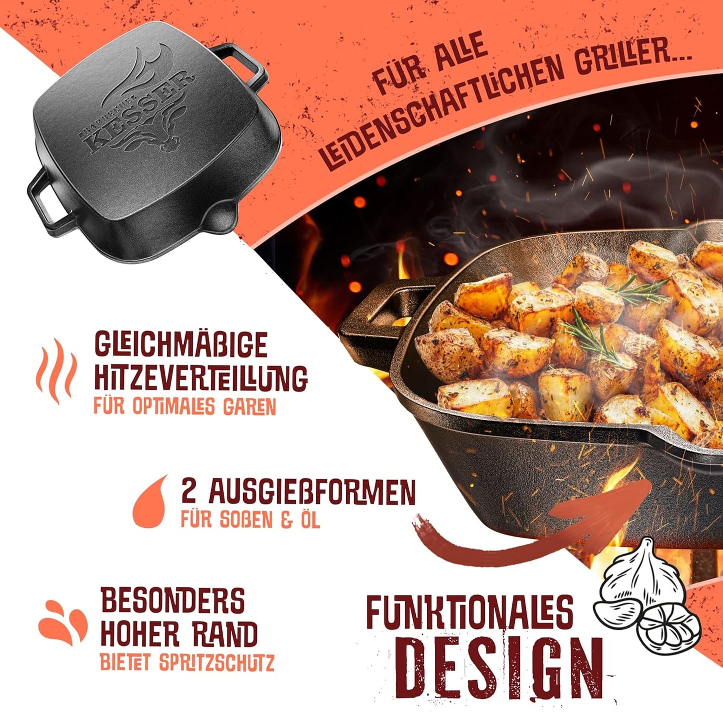 Gusseisen-Grillpfanne, 30 cm, 30 cm Eckig