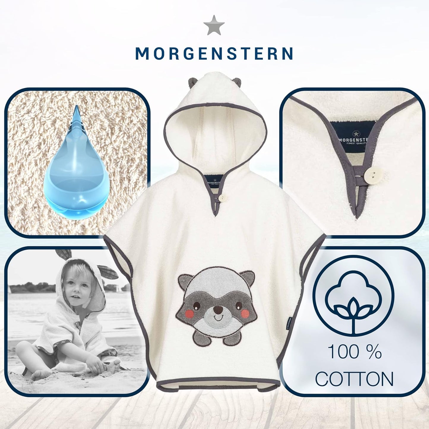 Badeponcho mit Kapuze, 1-3 Jahre (1er Pack) Creme - Waschbär