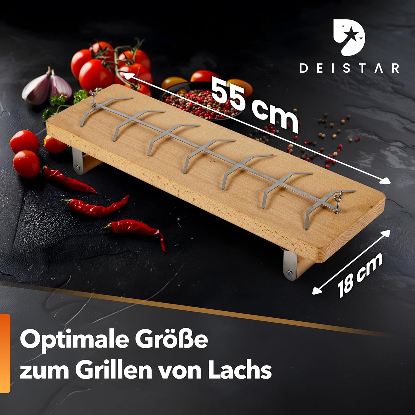 Flammlachsbrett mit Edelstahlhalterung