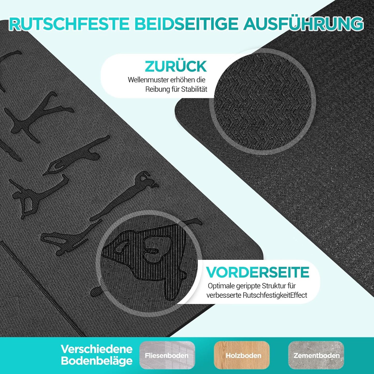 Yoga- und Gymnastikmatte, Schwarz 183x61x0.6cm