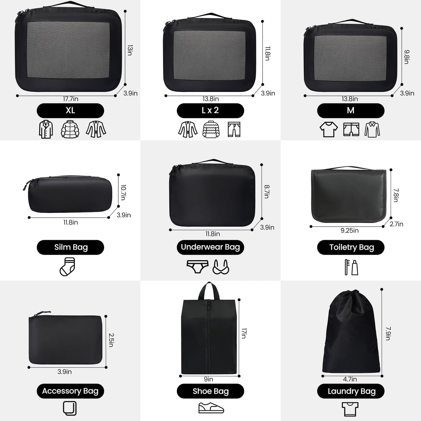 10-teiliges Gepäck-Organizer-Set, 10 Set, Schwarz