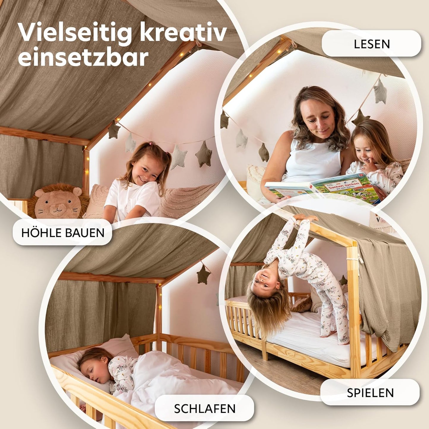 Hausbett Himmel aus Baumwolle, Dunkelbeige mit Gold 135 x 360cm