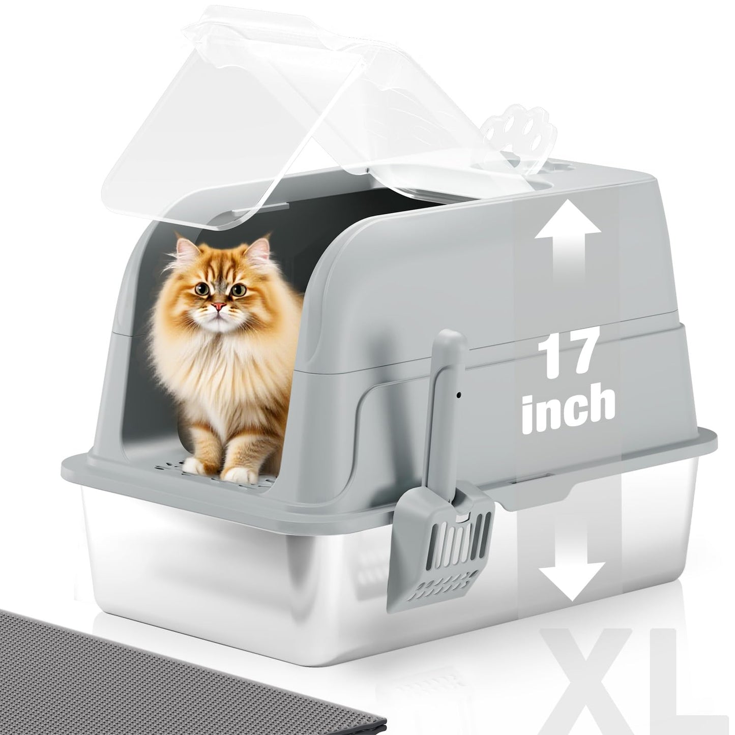 Edelstahl Katzenklo mit Hohem Rand und Klappdeckel, A-Grau XXL-Vollständig aufklappbarer Deckel