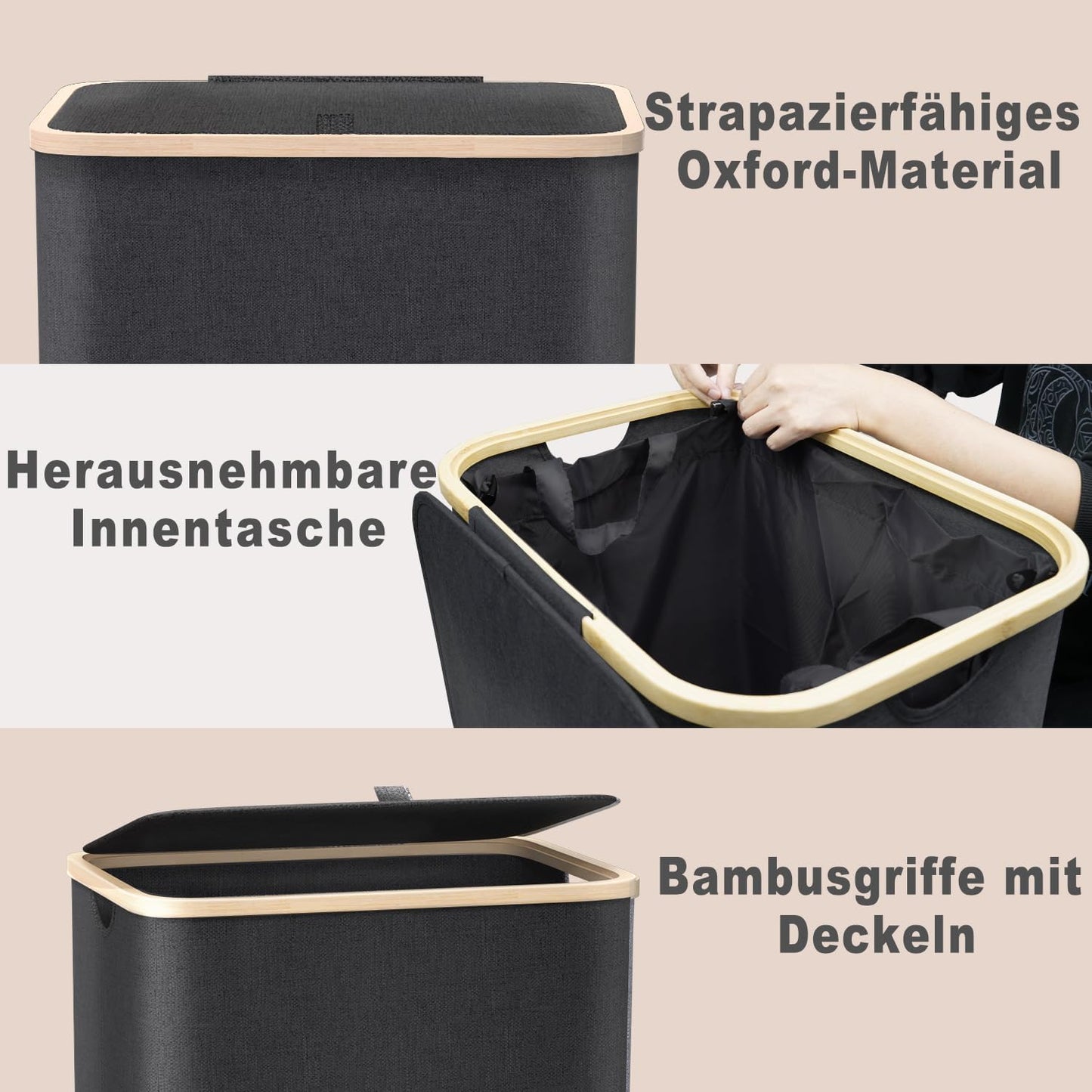Wäschekorb mit Deckel, Schwarz-100l