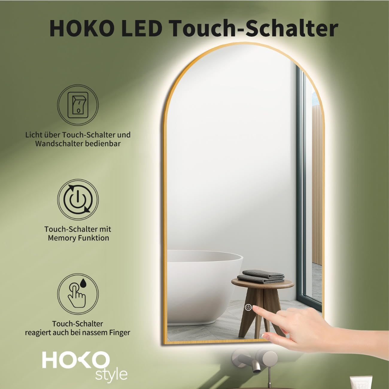 LED Badspiegel mit Touch Schalter, Gold-arch|90L x 50B cm