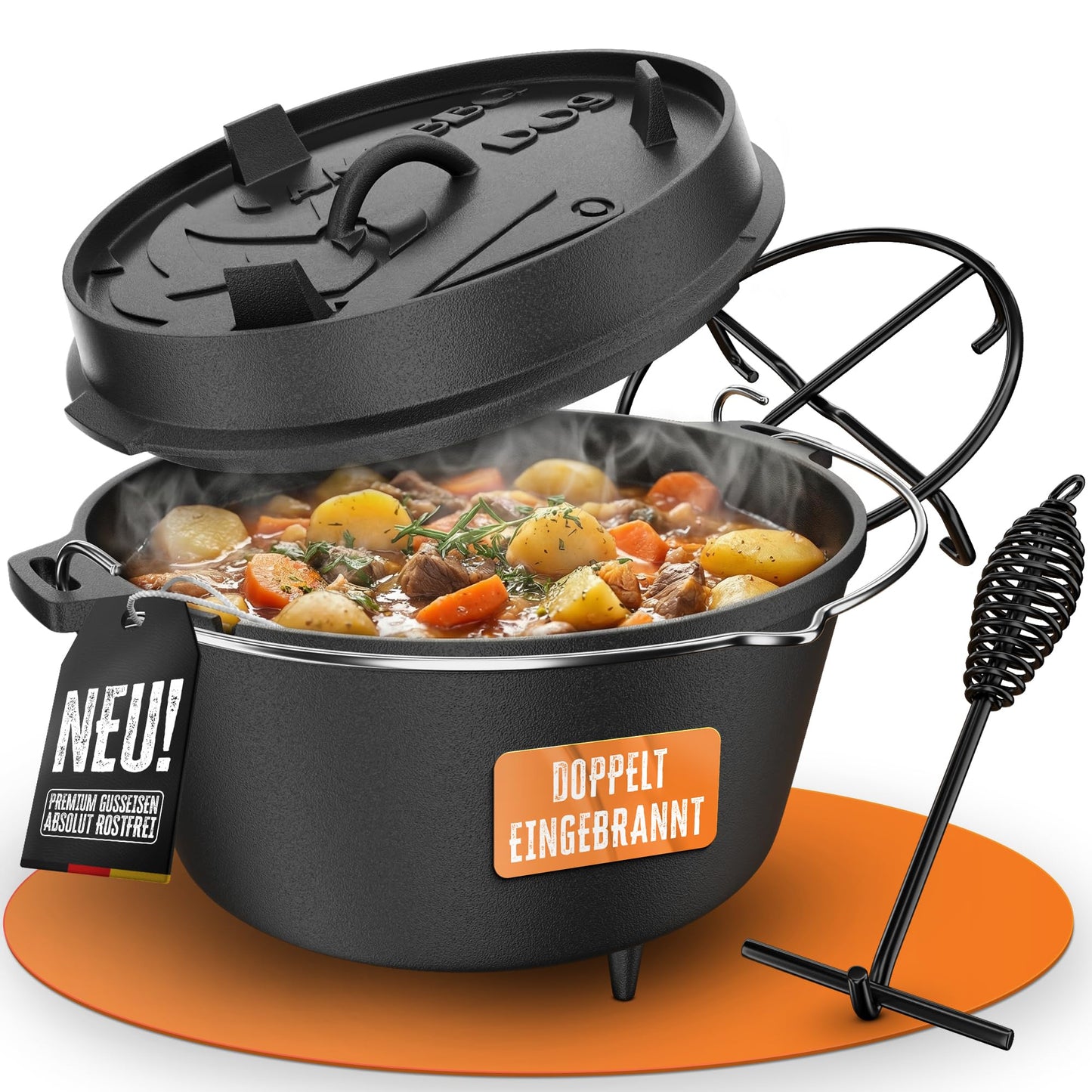 Gusseisen Dutch Oven mit Füssen, 9 Liter, Topf Mit Füsse 9 Liter