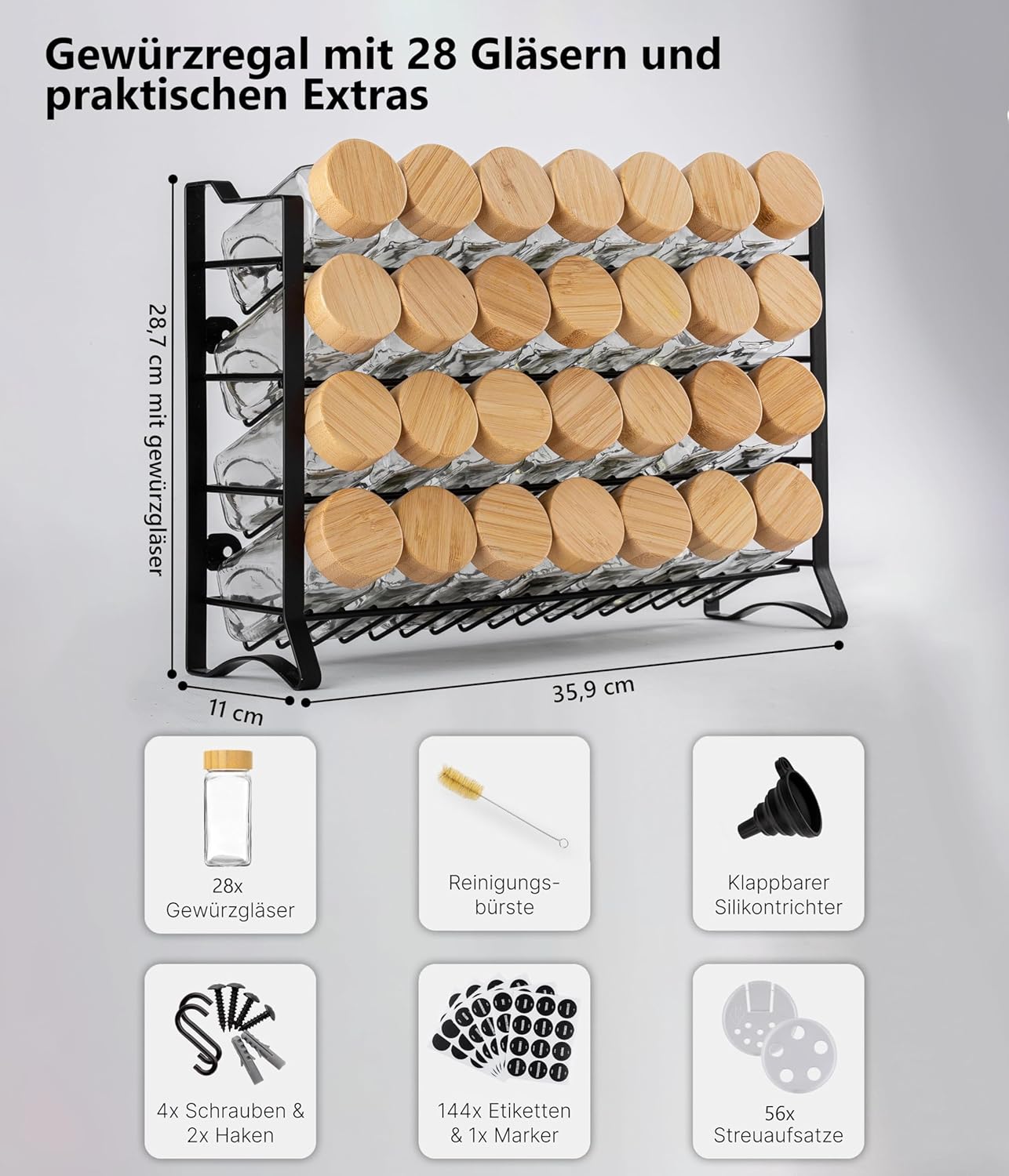 Gewürzregal mit Gewürzgläsern, Schwarz, Deckel Bambus