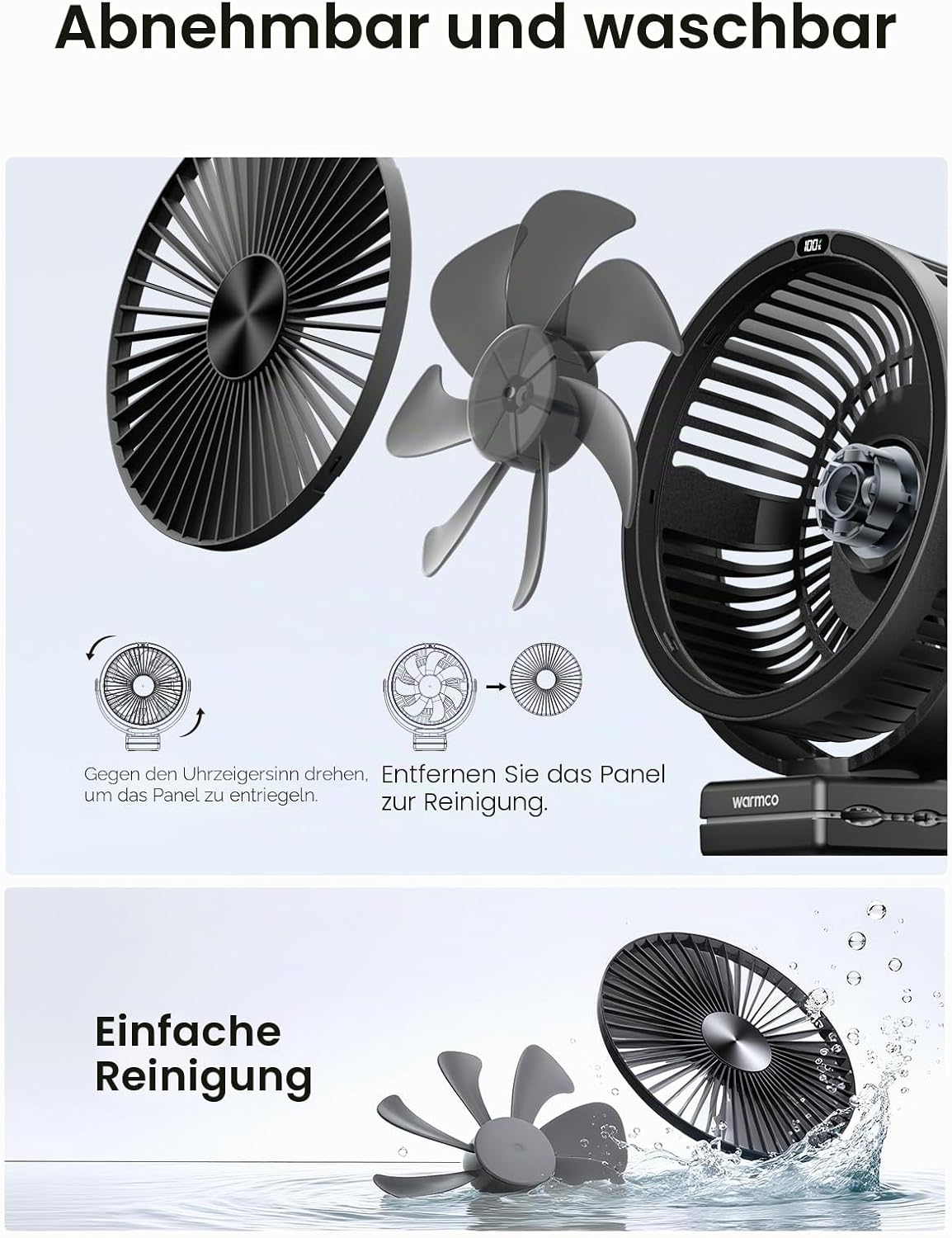 Tragbarer Tischventilator DJ10 mit 720° Drehung & LED-Licht, 10000mAh