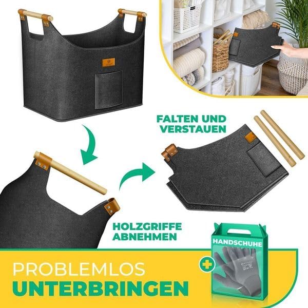 Faltbarer Brennholzkorb mit Holzgriffen und Aussentasche, 60 Liter Anthrazit