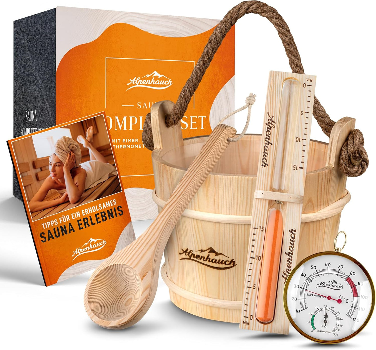 Saunaeimer-Set mit Kelle, Sanduhr & Thermometer, Saunaeimer mit Kelle, Sanduhr und Thermometer