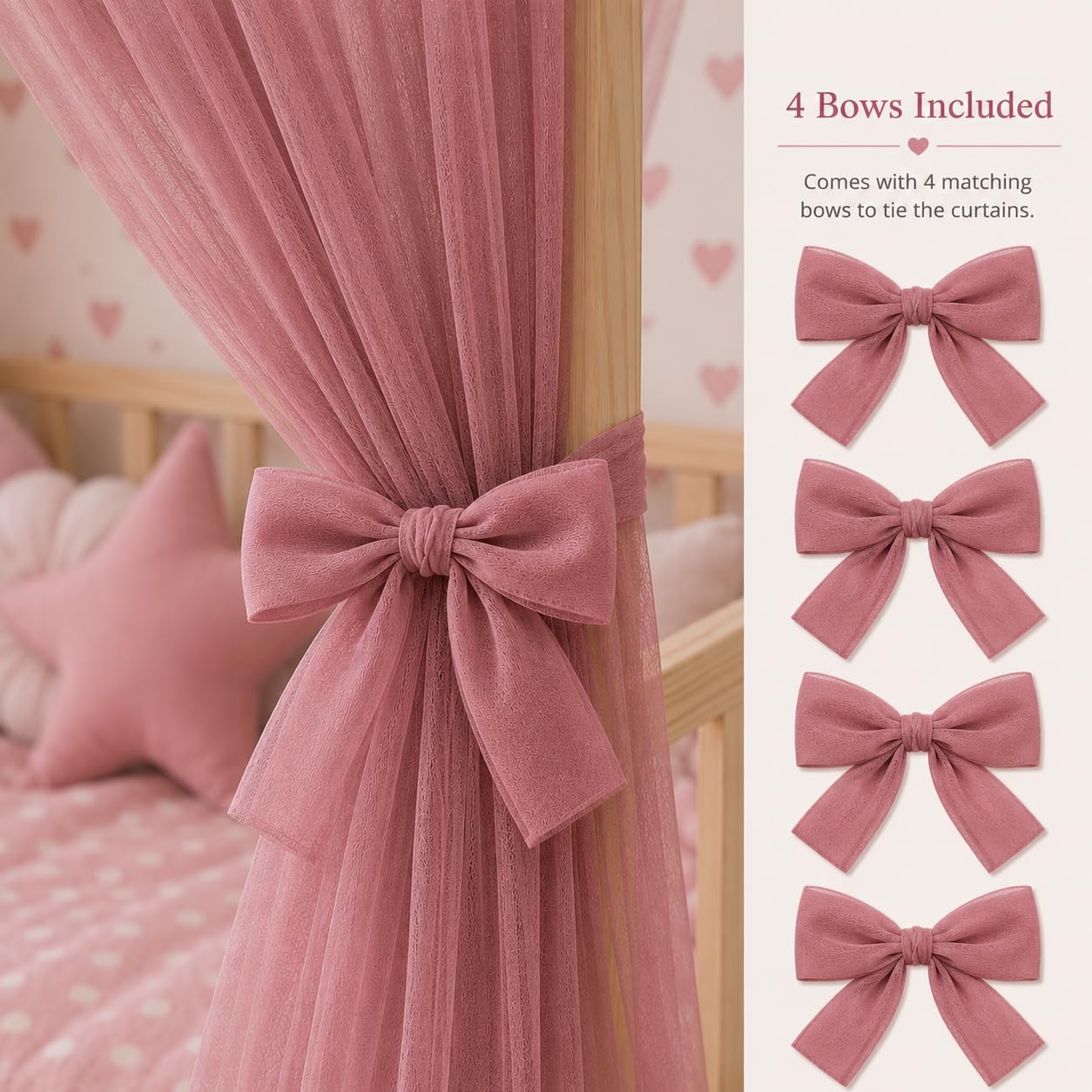 2er-Set Betthimmel für Kinderbett mit Schleifen, Altrosa 380cm, ohne Pompomgirlande