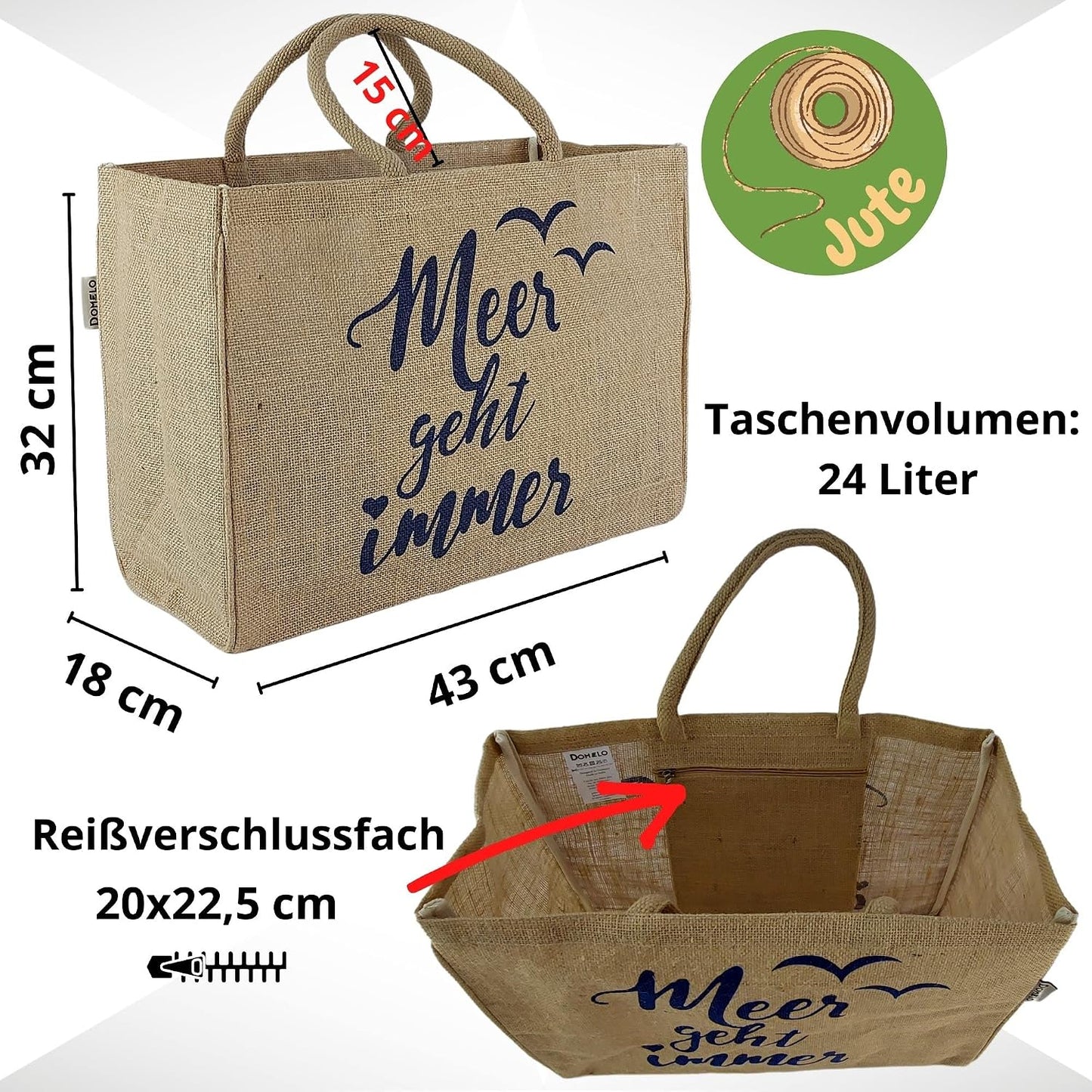 Vegane Jutetasche Shopper 24L mit Reissverschlussfach, Meer Geht Immer