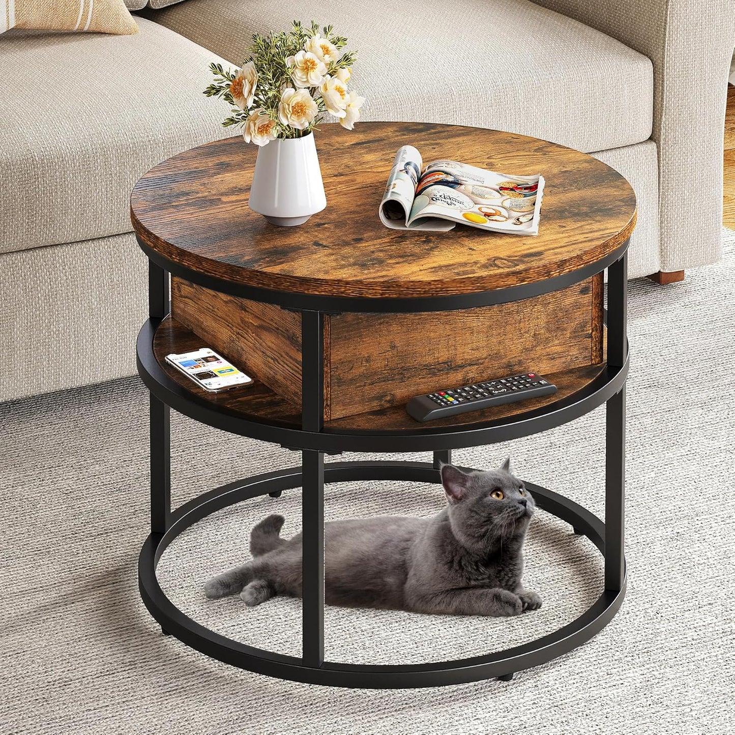 Runder Couchtisch mit Hebeplatte und Stauraum, 60X60X47CM Rustikales Braun