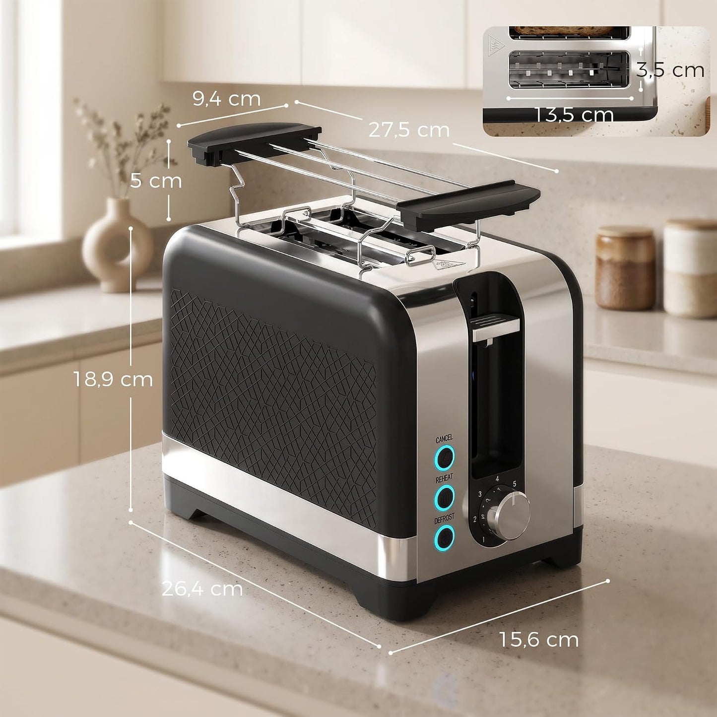 Toaster mit 7 Bräunungsstufen und Brötchenaufsatz