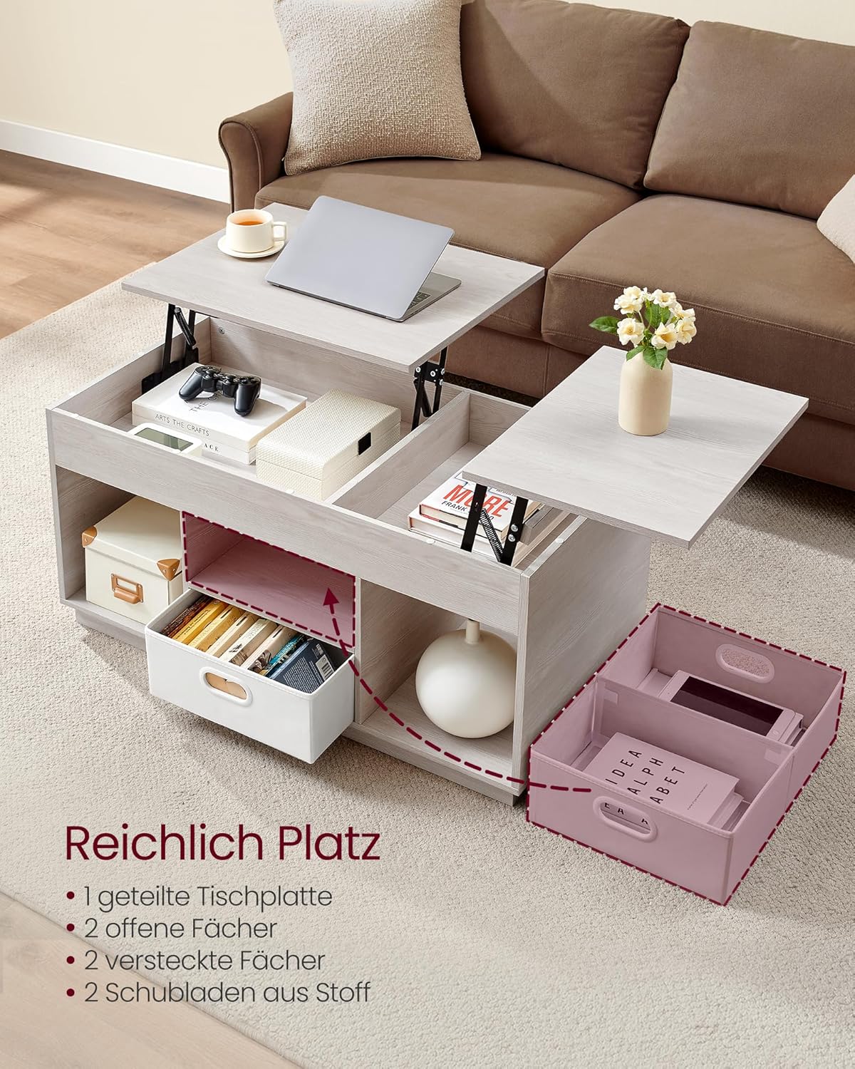 Höhenverstellbarer Couchtisch mit Stauraum, Haferflockenbeige