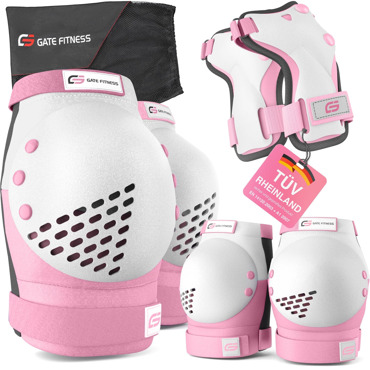 6-teiliges Protektoren-Set, XL - Erwachsene Pink / Weiss